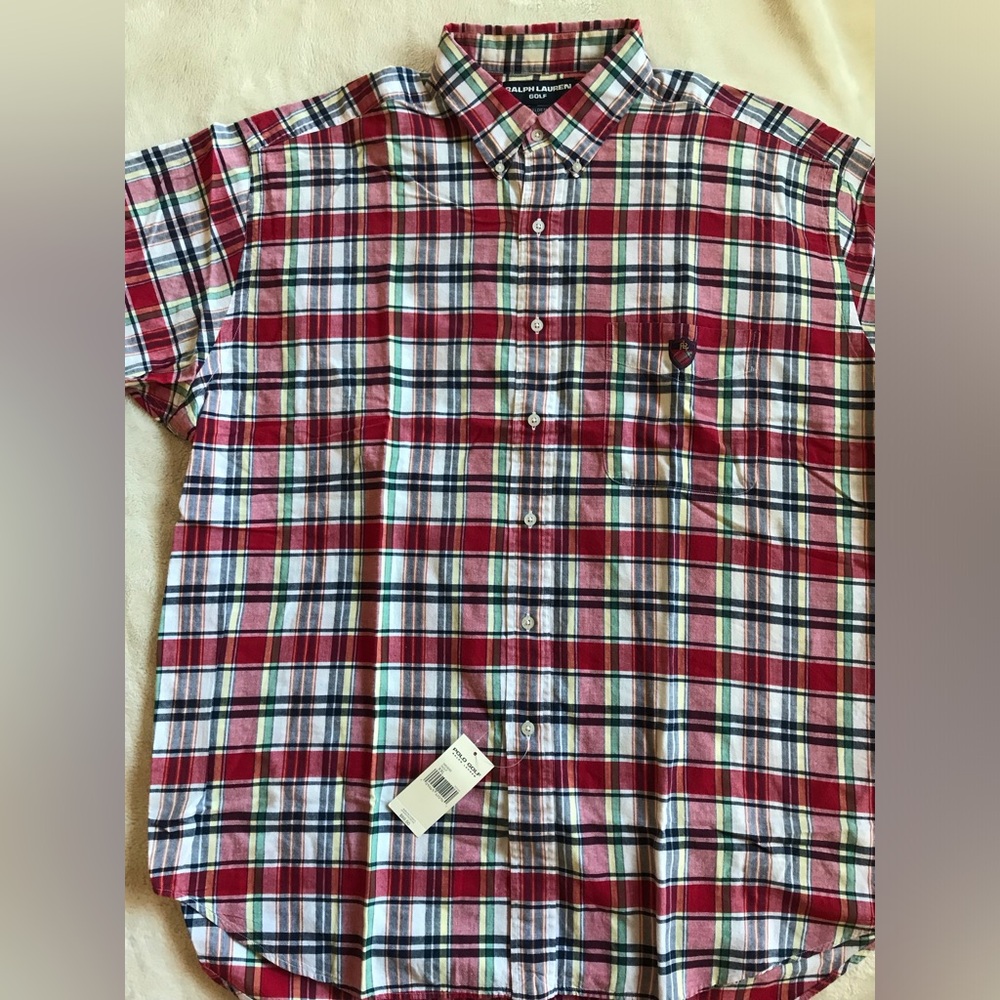 Ralph Lauren Golf Chambray Red and Green Plaid Shirt